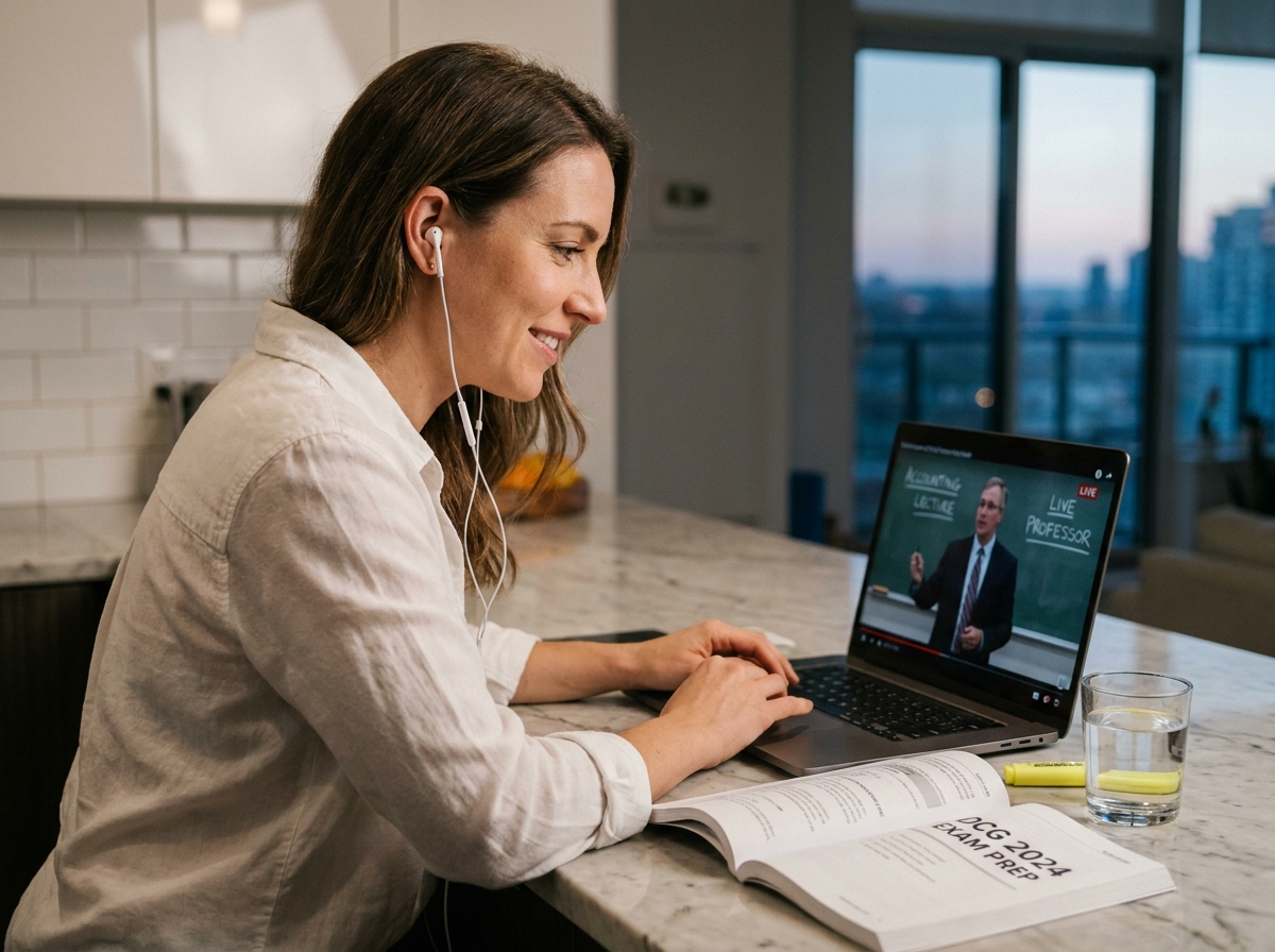 Femme suivant un cours de DCG en ligne depuis son appartement avec un manuel de comptabilité ouvert sur le comptoir