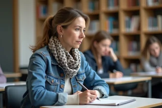 Femme en formation prenant des notes dans une salle moderne