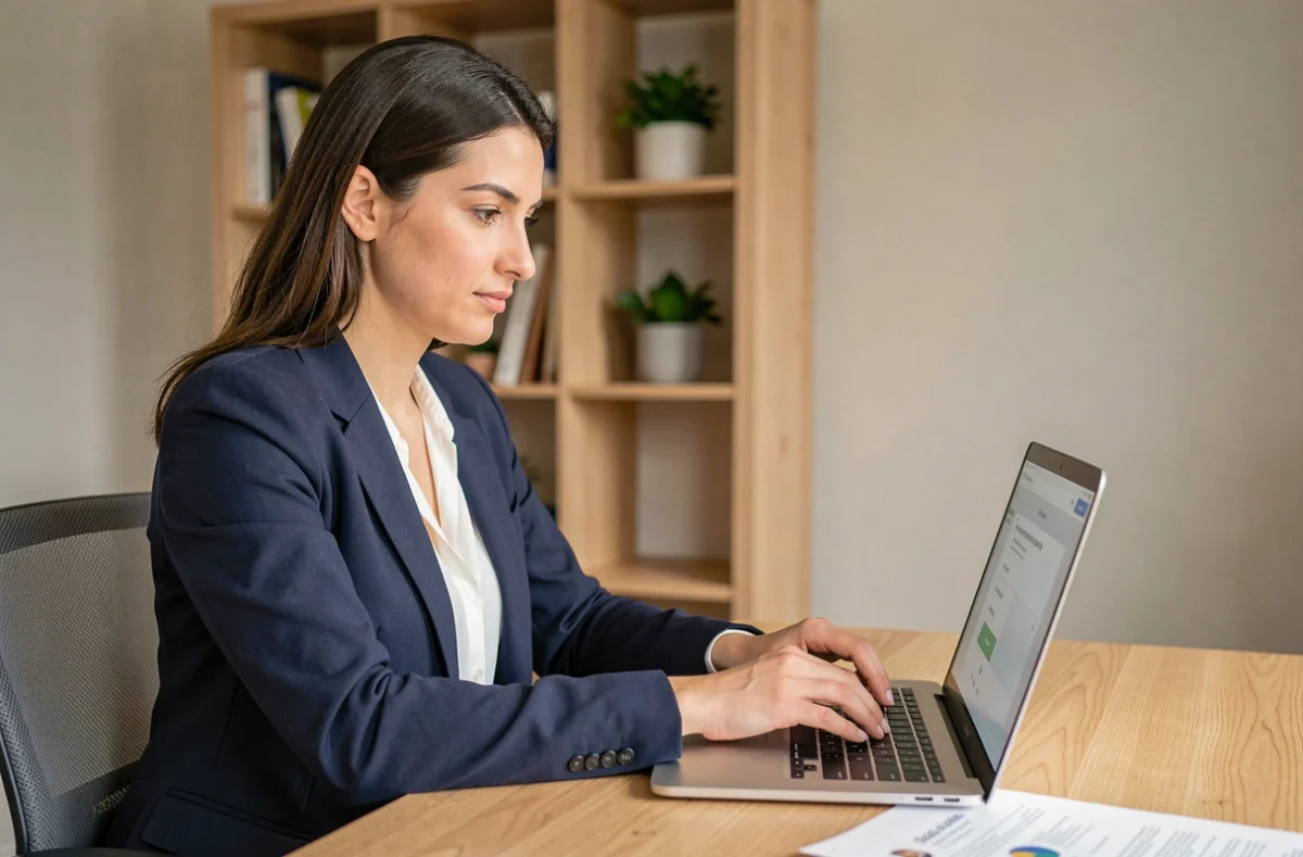 Femme professionnelle créant un compte sur une plateforme en ligne et optimisant son profil CV sur un ordinateur portable dans un bureau à domicile
