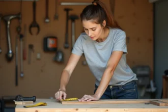 Femme débutante en bricolage mesurant une planche en bois dans un atelier à domicile