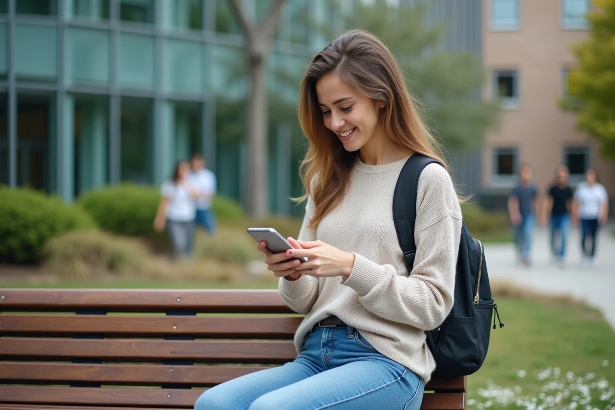 Femme vérifiant son emploi du temps sur smartphone en extérieur