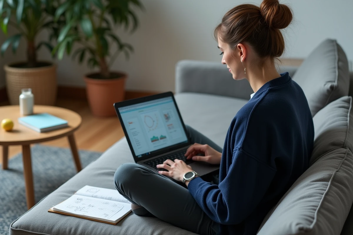 Femme s'exerçant aux tests psychotechniques sur son canapé avec un ordinateur portable et un cahier de notes