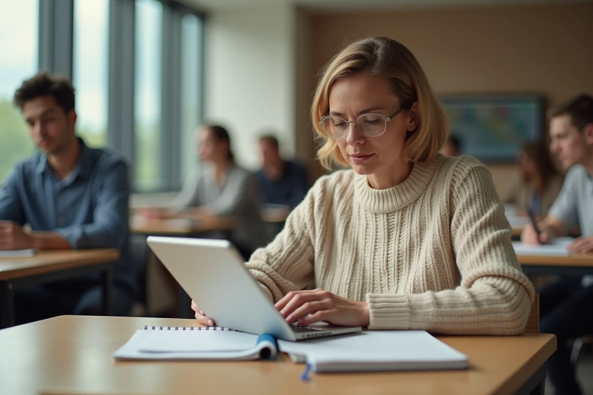 Femme moyenne âge prenant des notes en étudiant Pi