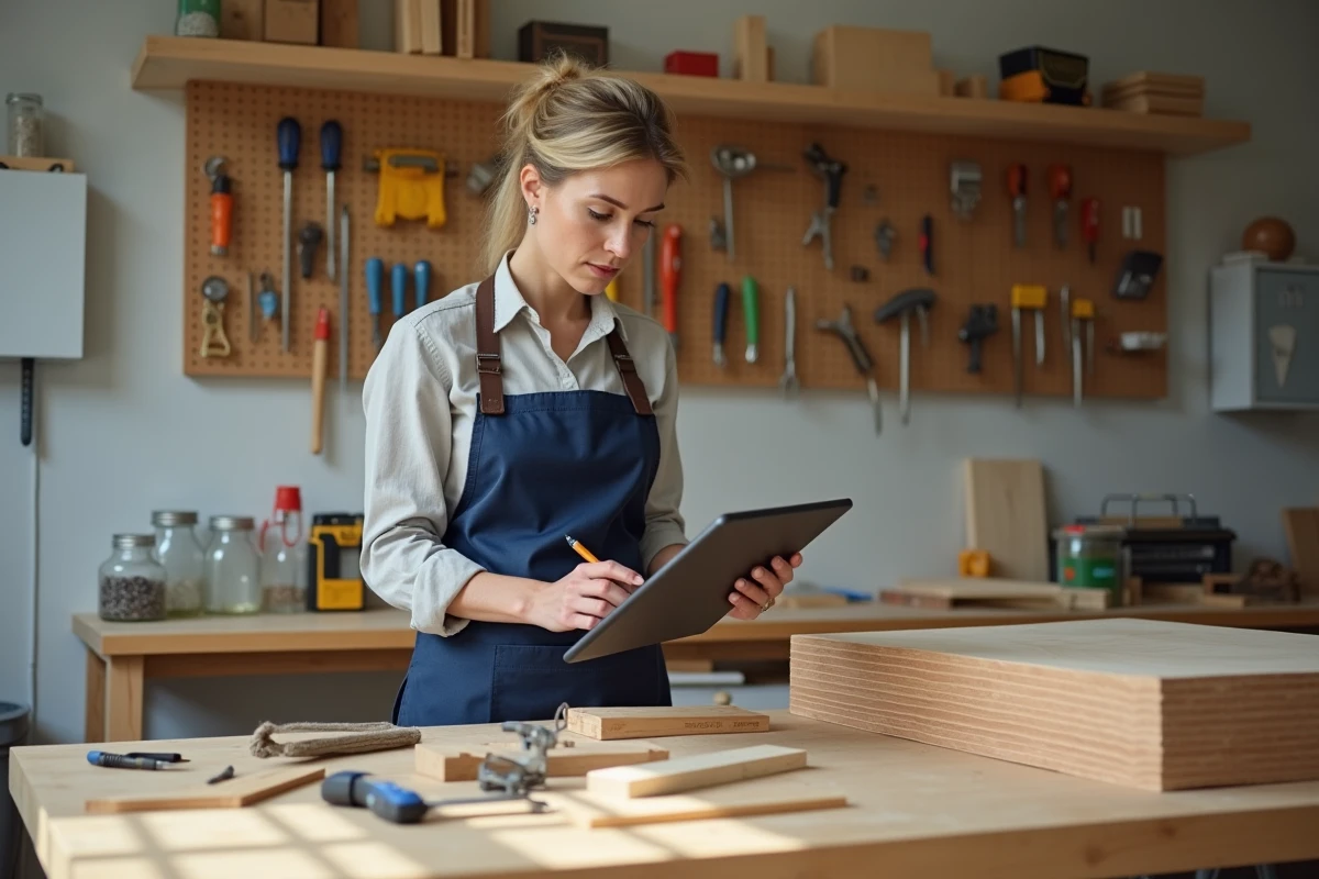 Femme suivant une formation bricolage CPF sur tablette dans un atelier domestique bien équipé