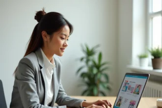 Femme professionnelle suivant une formation Canva CPF sur son ordinateur portable dans un bureau moderne
