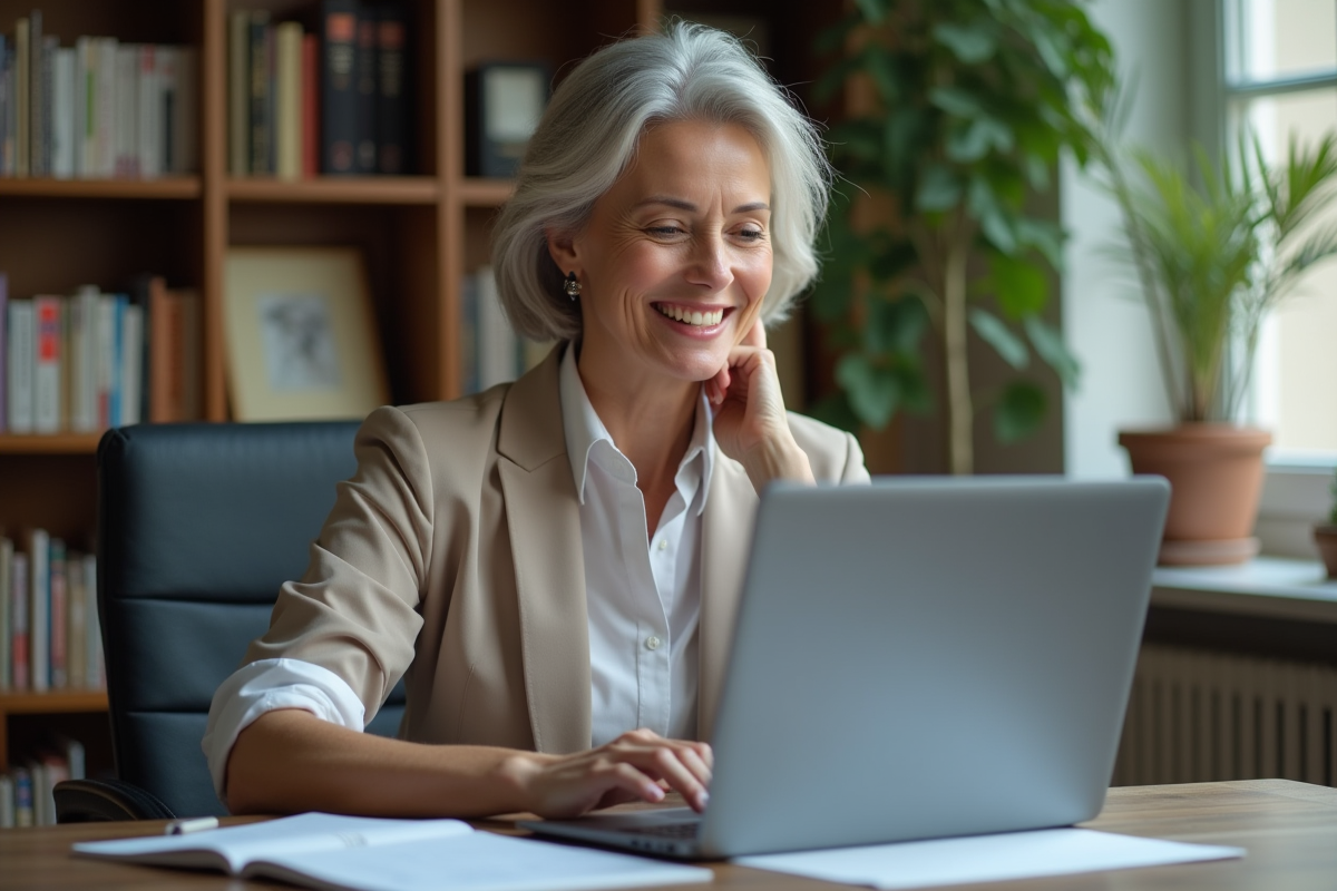 Femme mature souriante étudiant une formation en ligne