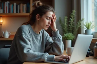 Femme frustrée face à un message d'erreur de connexion sur son ordinateur portable dans un bureau à domicile