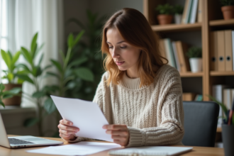 Femme en bureau à domicile pensant avec document
