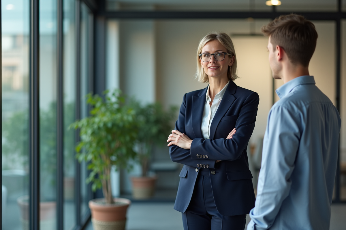 Manager femme en discussion avec un collègue dans un bureau lumineux