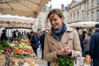 Femme souriante portant un sac réutilisable au marché de Chalons en Champagne