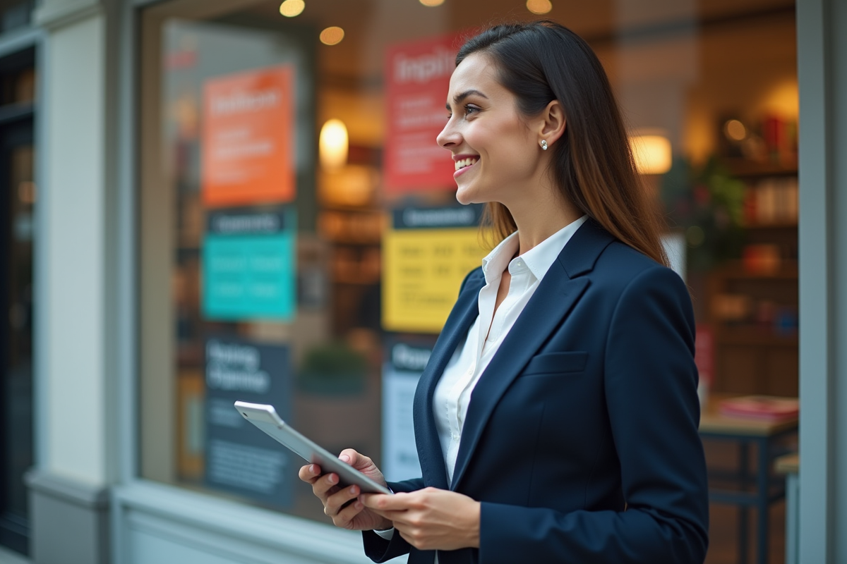 Femme marketing confiante devant une vitrine de magasin colorée