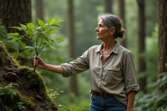 Femme contemplant un jeune arbre en forêt