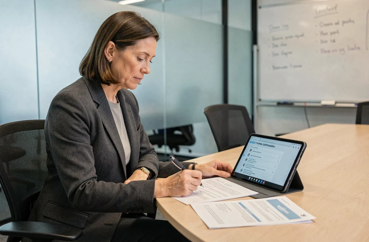 Femme cadre optimisant chaque rubrique de son CV sur tablette et documents imprimés dans une salle de réunion professionnelle