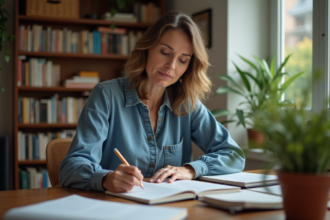 Femme réfléchissant à son avenir professionnel à la maison