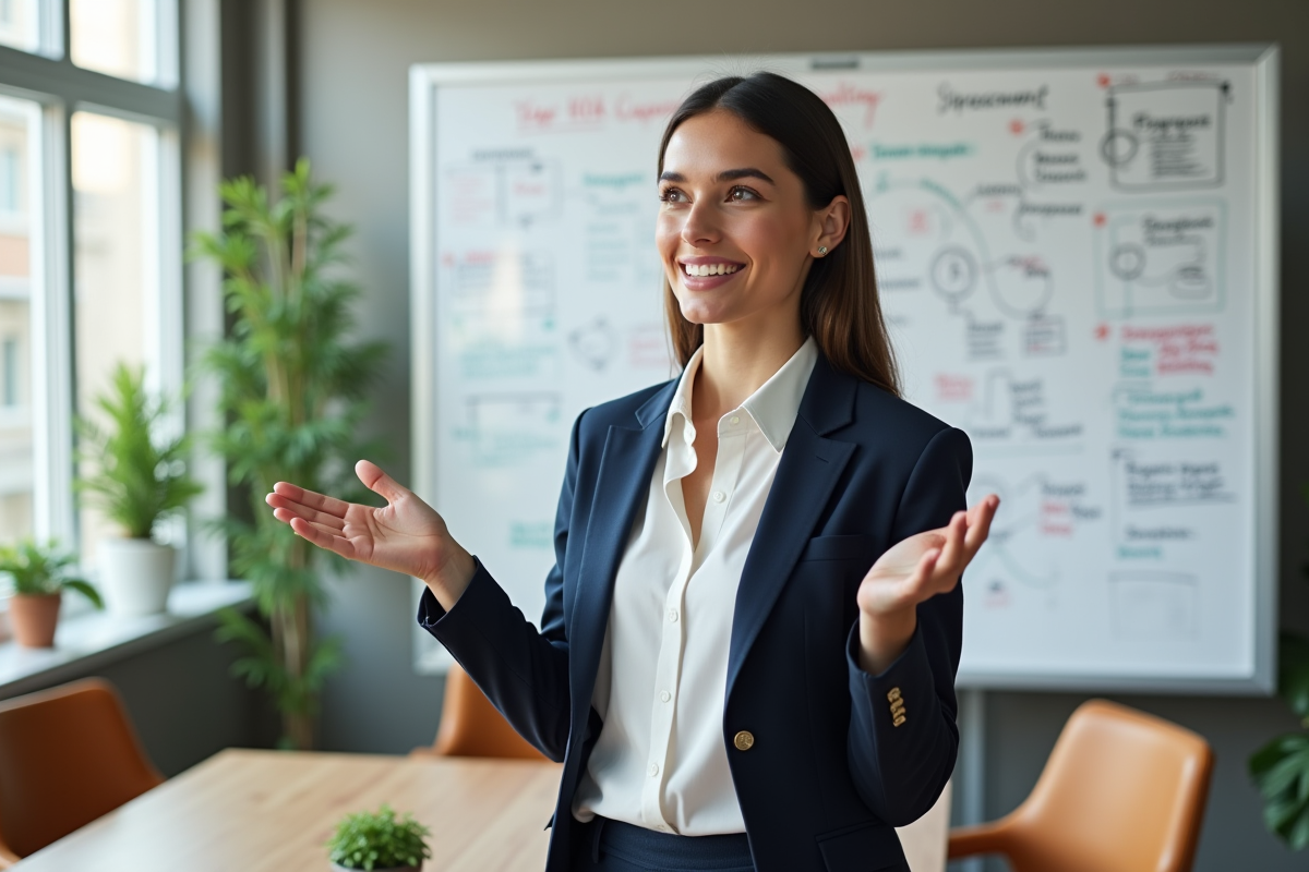 Jeune femme présentant des diagrammes au tableau blanc