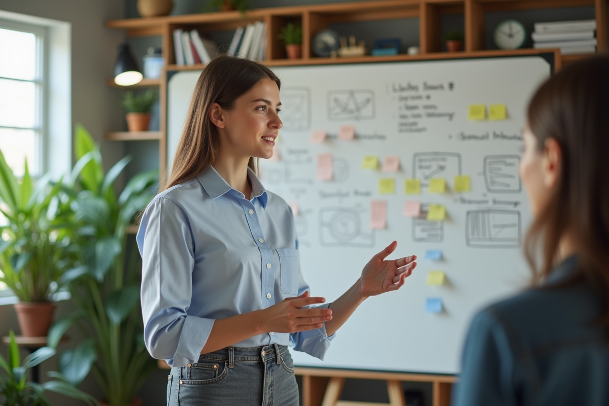 Jeune femme en présentation devant un tableau blanc