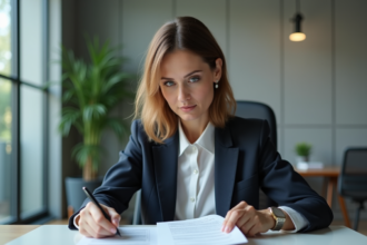 Femme en tailleur au bureau en pleine réflexion