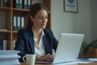 Femme en bureau avec ordinateur et dossiers pour l article