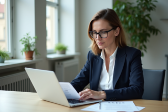 Femme en costume regardant un document CPF dans un bureau moderne