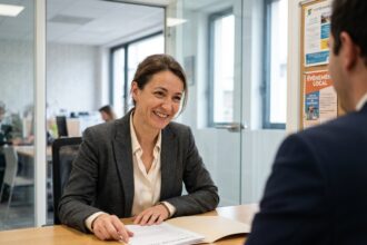 Femme confiante en blazer discutant avec un recruteur dans un bureau moderne