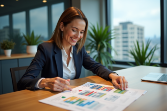 Femme souriante arrangeant prototypes marketing dans un bureau