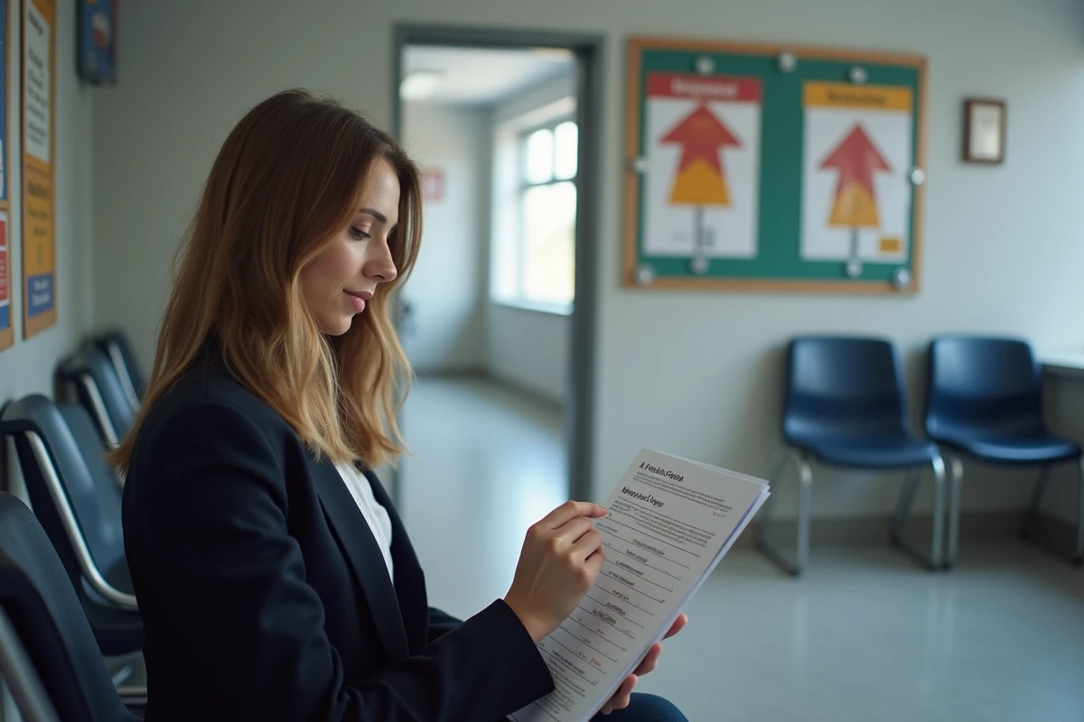 Femme étudiant un PDF de questions permis de conduire dans une salle d'attente d'auto-école