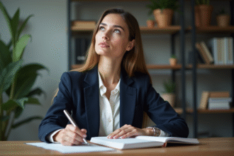Femme en réflexion dans un bureau moderne pour l'article