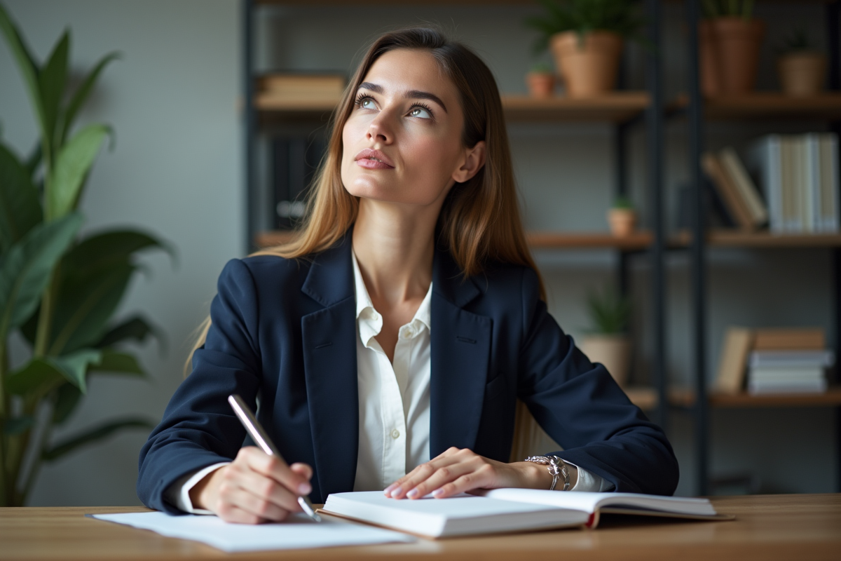 Femme en réflexion dans un bureau moderne pour l'article