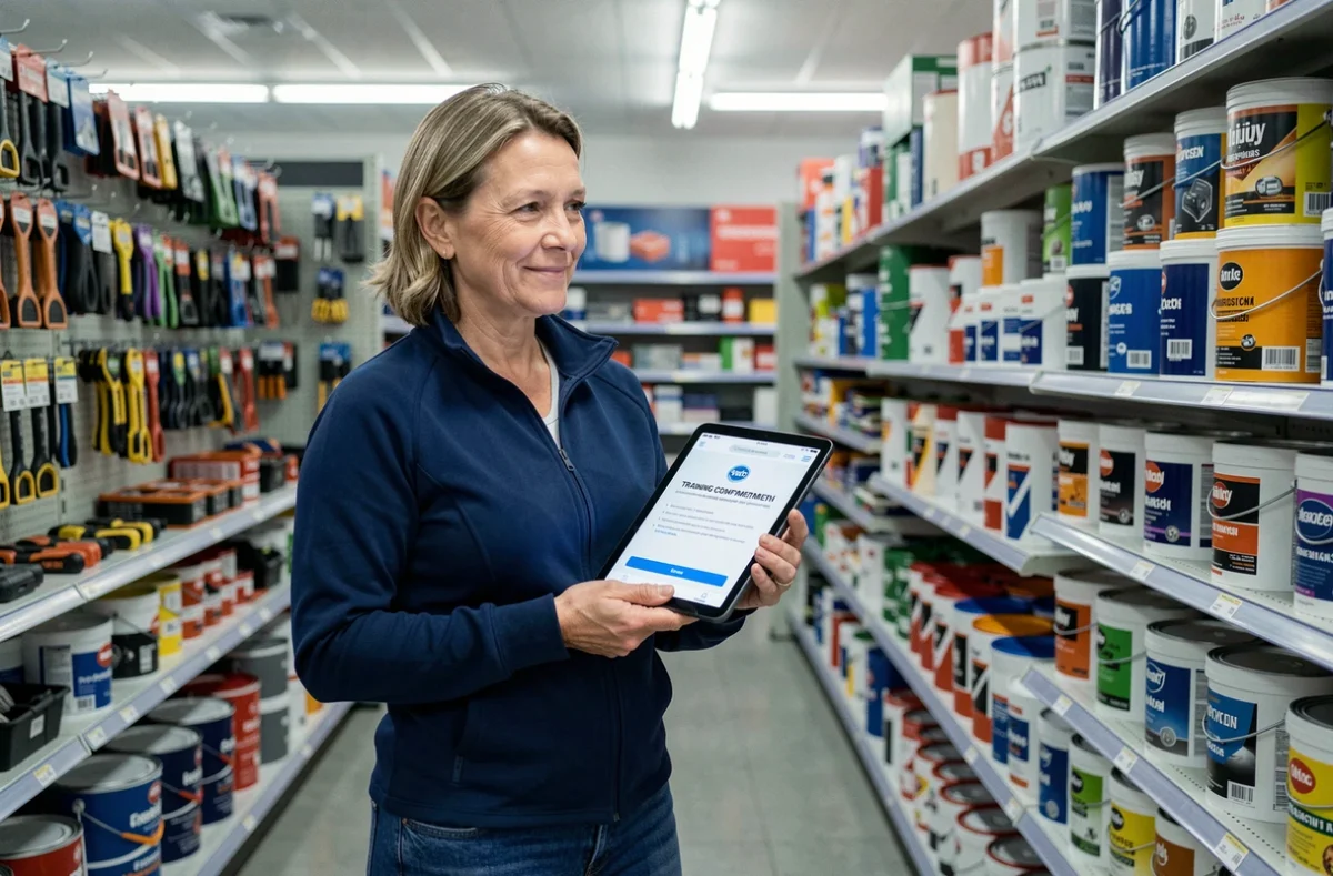 Femme tenant une tablette avec confirmation d'inscription à une formation bricolage financée par le CPF dans un magasin de bricolage