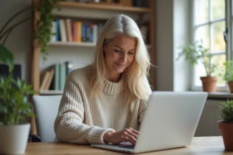 Femme d'âge moyen travaillant sur son ordinateur dans un bureau à domicile