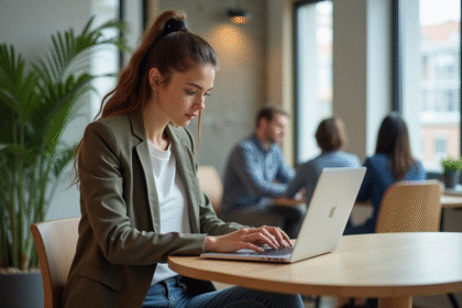Jeune femme en coworking concentrée sur son ordinateur