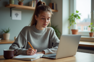 Jeune femme travaillant sur son ordinateur dans une cuisine lumineuse
