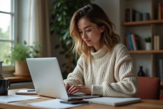 Femme concentrée travaillant à la maison avec ordinateur