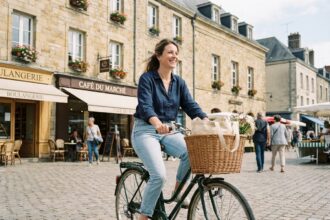 Femme en vélo vintage dans la ville de Château Gontiers