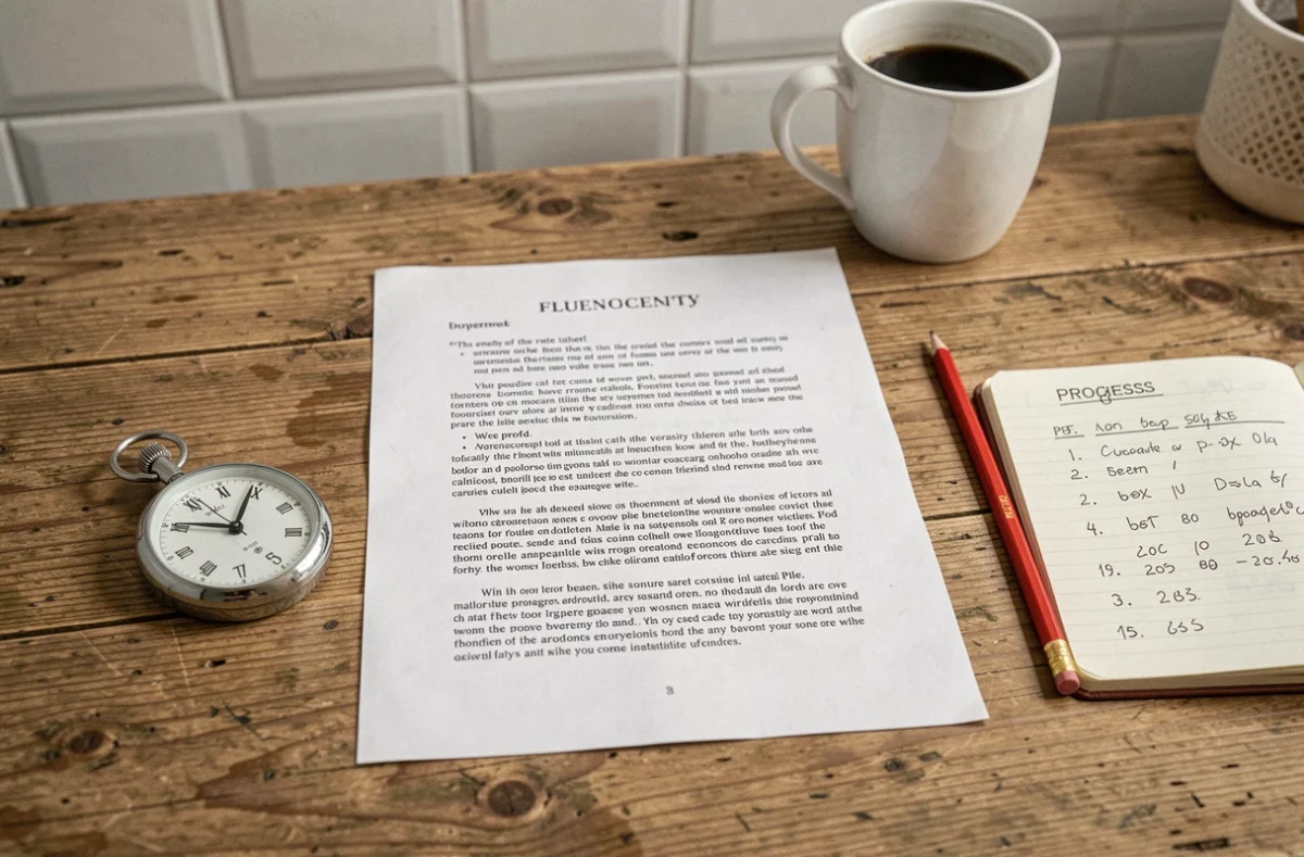 Vue du dessus d'une table avec un texte de fluence CE1 imprimé, un chronomètre, un crayon rouge et un carnet de suivi des progrès en lecture
