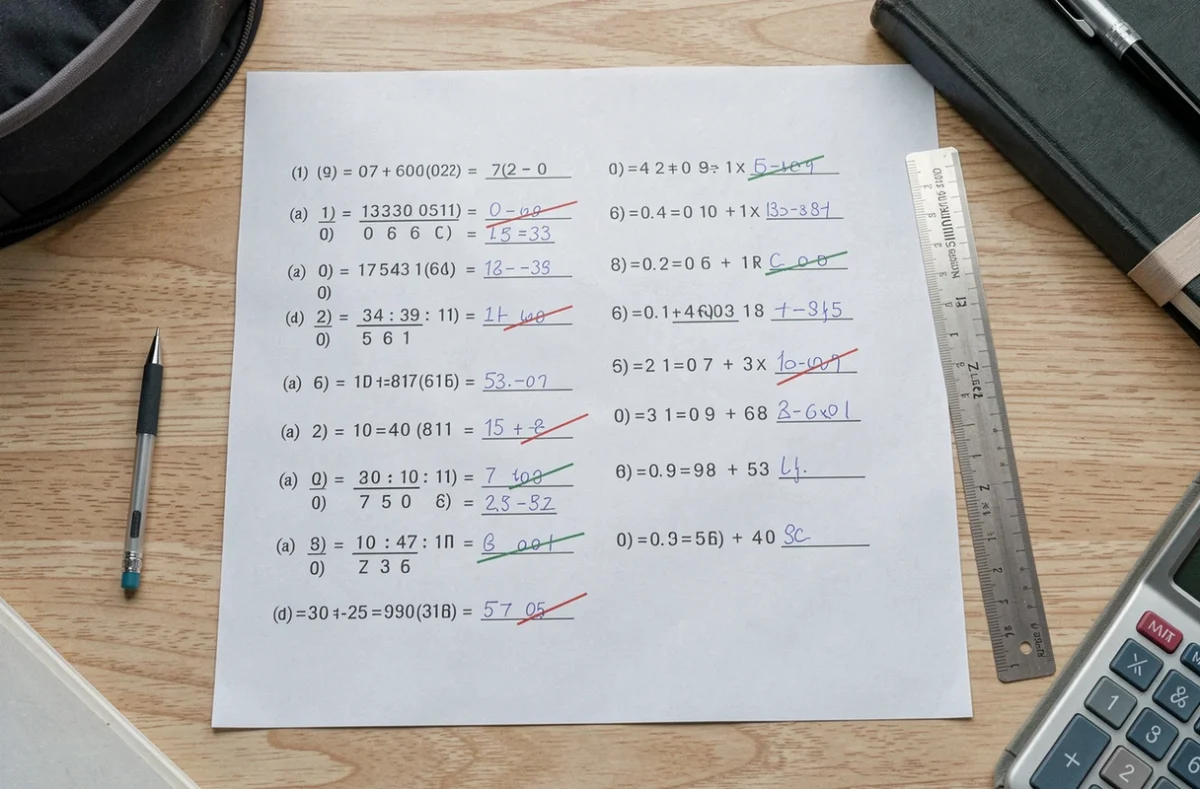 Vue aérienne d'une fiche d'exercices autocorrigés sur les nombres décimaux avec corrections manuscrites et matériel scolaire