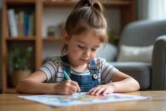 Jeune fille de 9 ans remplissant un livret de puzzle à la maison