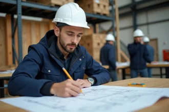 Jeune technicien en BTP étudiant un plan de construction dans un centre de formation professionnelle
