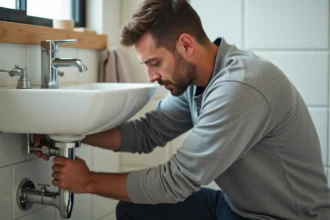 Homme en formation bricolage réparant un siphon de salle de bain grâce à une formation CPF académie du bricolage