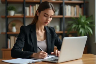 Femme professionnelle se formant en ligne pendant sa pause déjeuner à son bureau à domicile