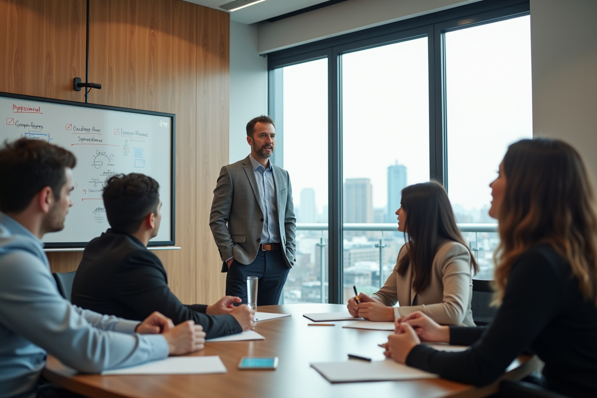 Coach en formation avec équipe dans une salle lumineuse