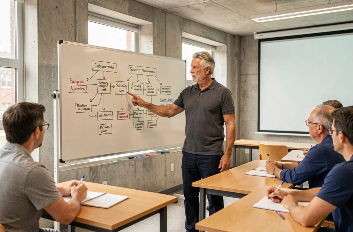 Formateur présentant les bonnes pratiques de sécurité à des participants adultes dans une salle de formation universitaire à Toulouse