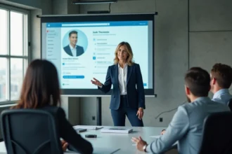 Formatrice en social selling animant une session de formation commerciale devant une équipe en salle de réunion moderne