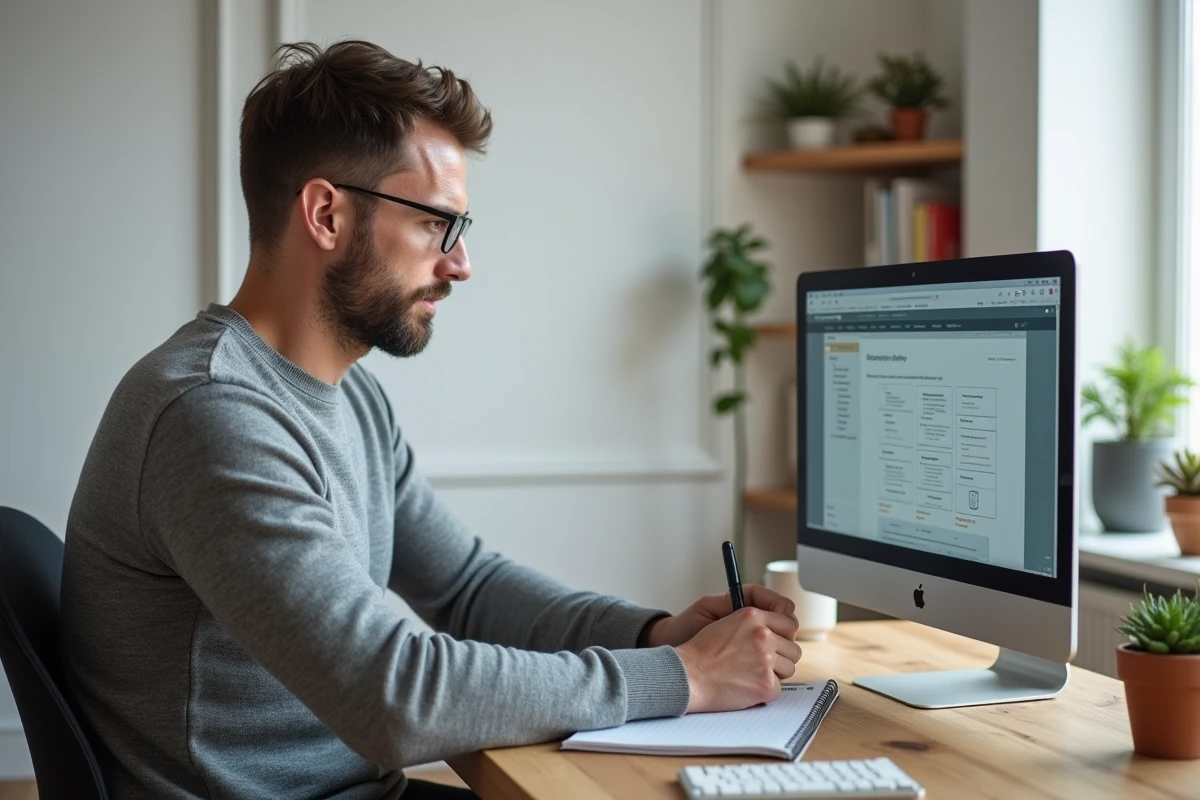 Commercial en formation social selling en ligne prenant des notes dans un bureau à domicile minimaliste
