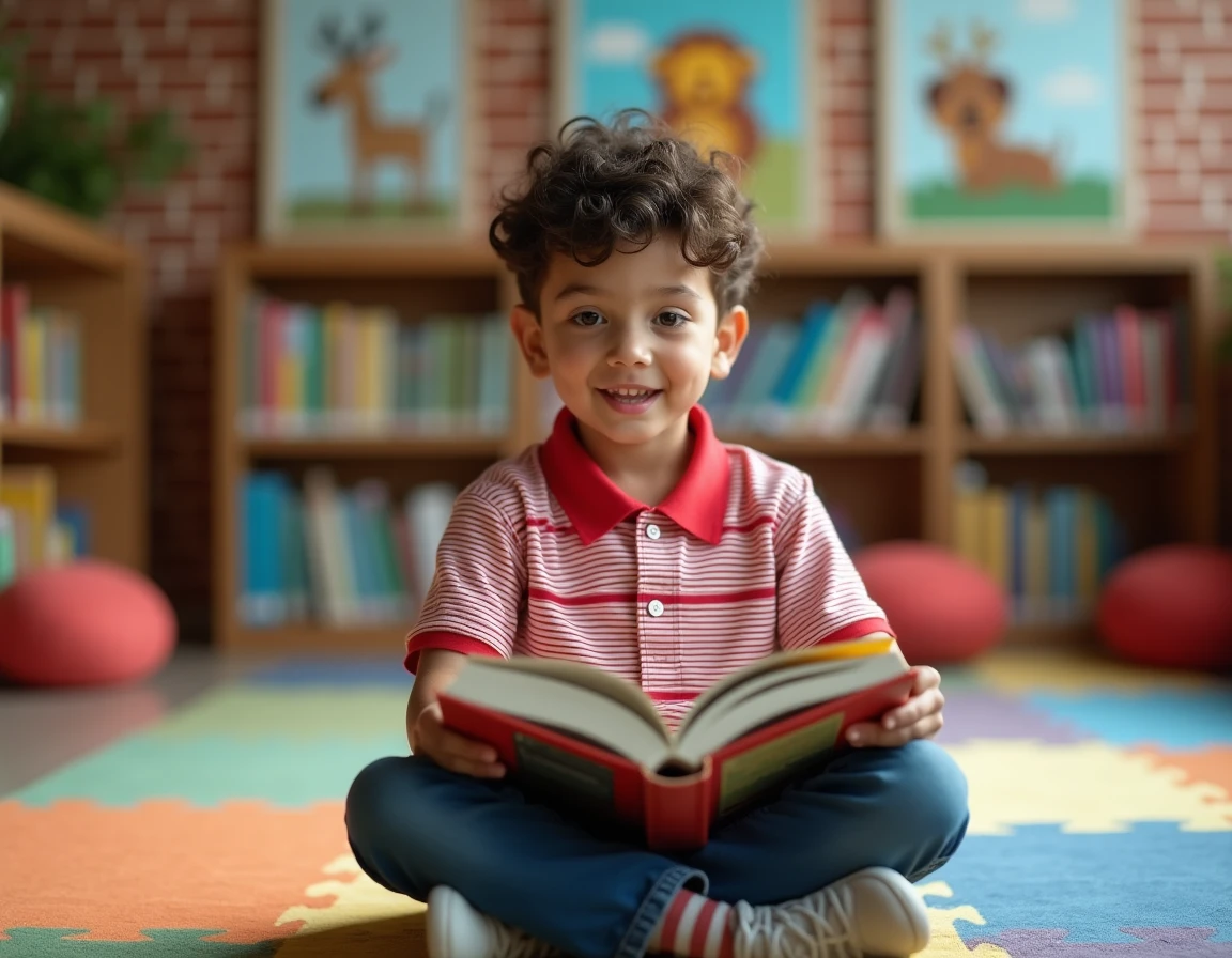 Garçon de CE2 lisant un texte documentaire sur les animaux dans une bibliothèque scolaire