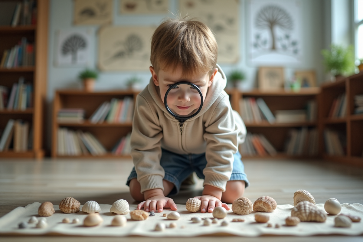 Garçon étudiant observant coquillages en classe