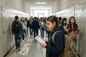 Lycéenne dans un grand couloir bondé d'un lycée français, illustrant l'environnement d'un grand établissement scolaire