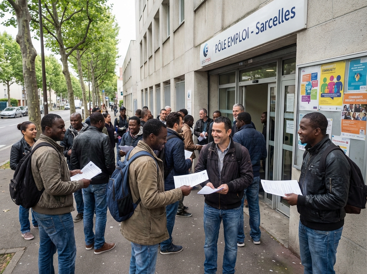 Groupe de demandeurs d emploi échangeant des CV devant un centre emploi