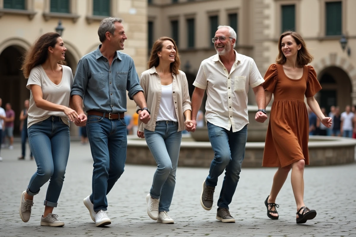 Groupe d'adultes pratiquant la danse Madison en plein air sur une place pavée lors d'une session collective