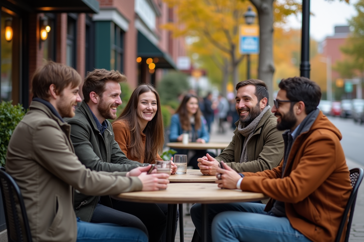 Groupe diversifié de Canadiens discutant autour d'une table en automne